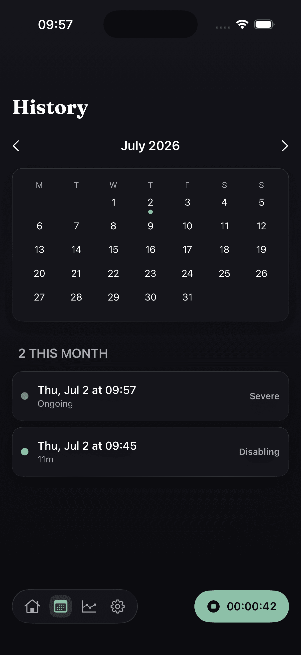 Migraine-days screen with a monthly count